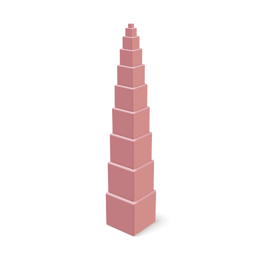 The Pink Tower: ten pink wooden cubes, stacked largest first.