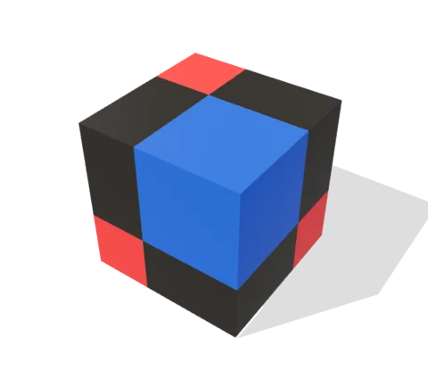 The Binomial Cube: eight red, blue and black wooden blocks that close into one cube.