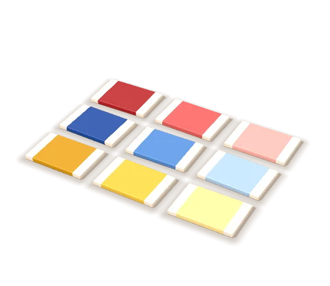 Colour Tablets: nine flat tablets in red, blue and yellow, each colour in three shades from dark to light.