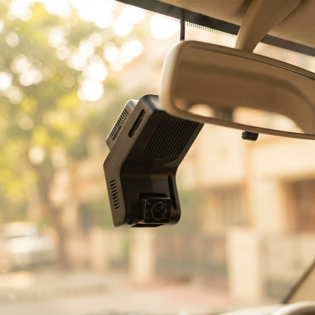 A dual-lens dashcam mounted on the windshield of a school van