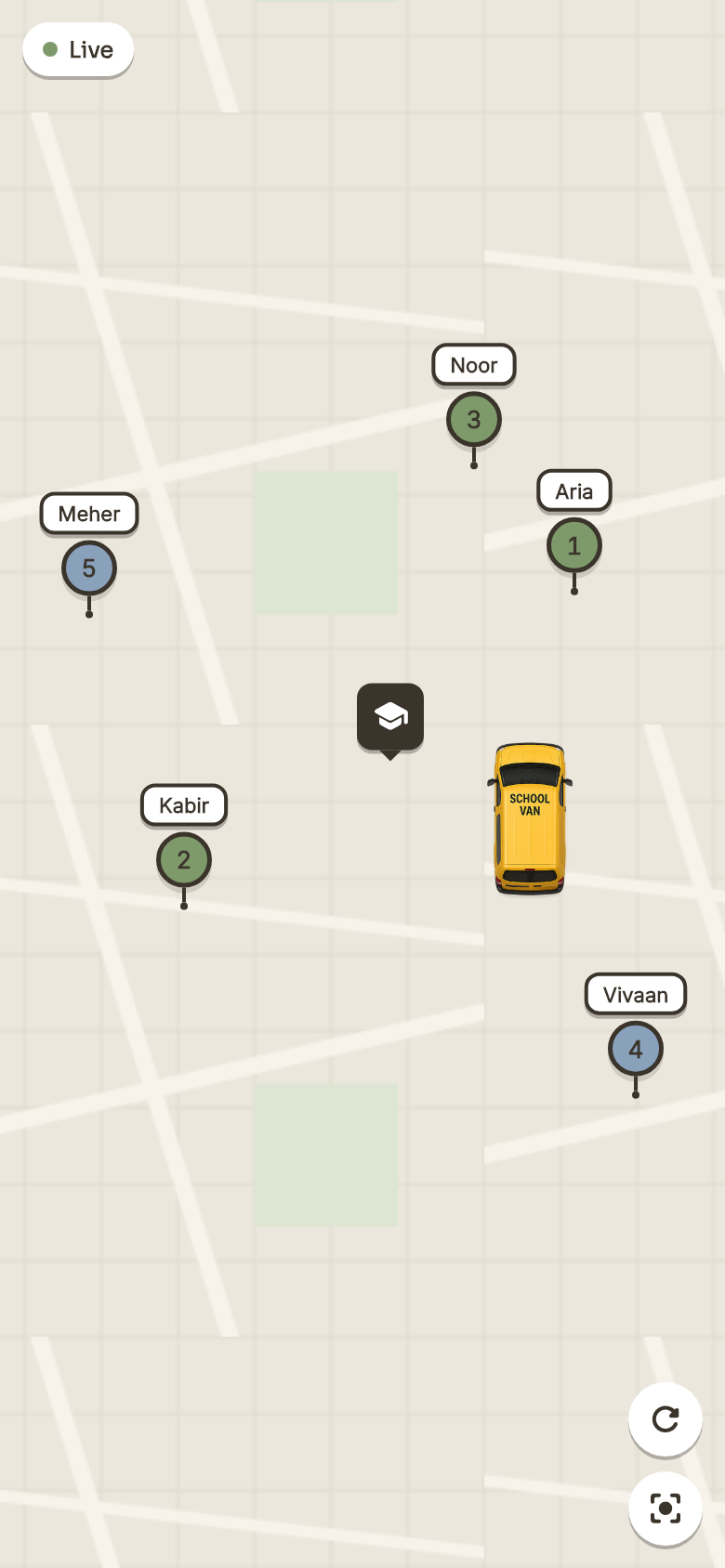The live trip map: the school van mid-route, three kids picked up, two still to go