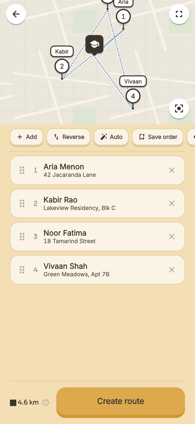 Route studio: drag the stops into order or tap Auto to sort them